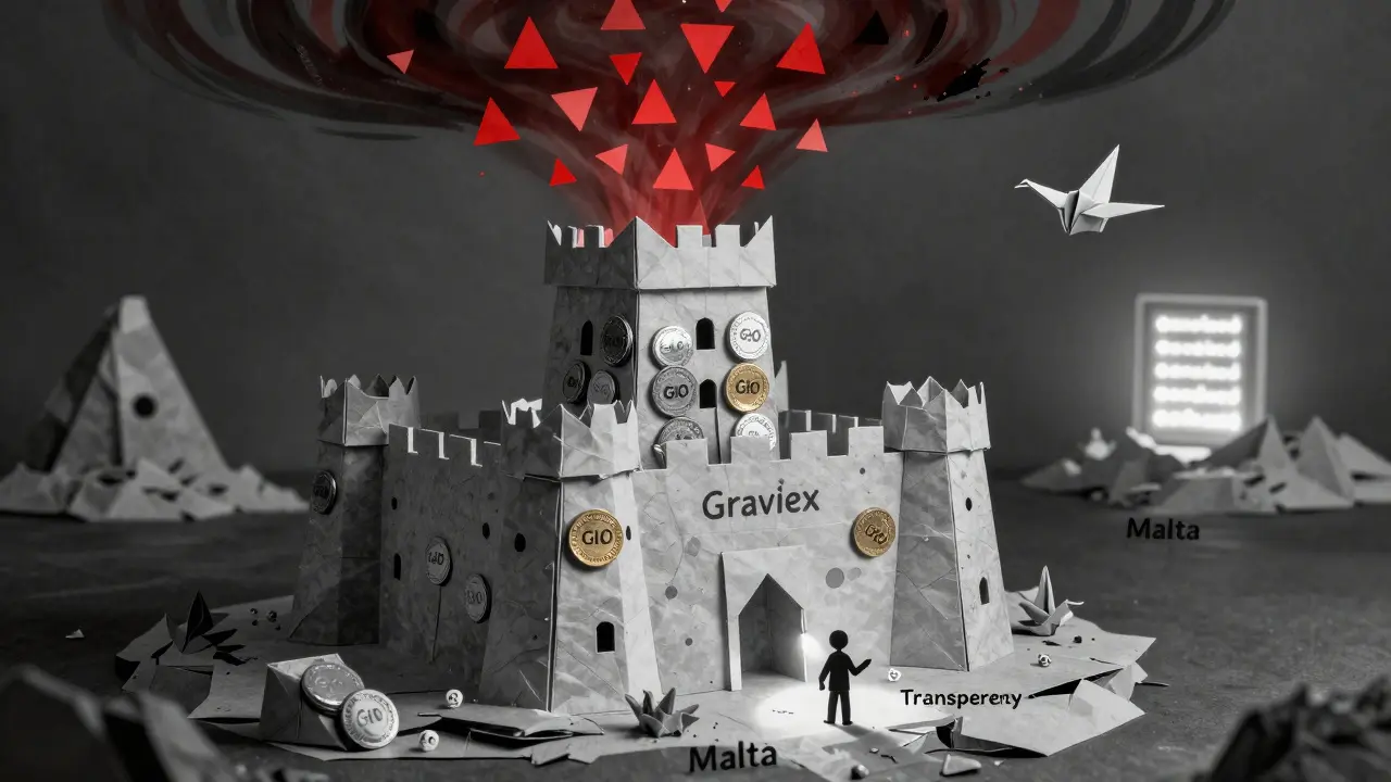 Paper fortress made of GIO tokens crumbling on an island, with a lone crane flying away from darkness.