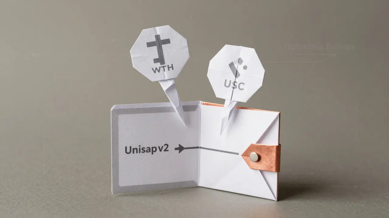 Paper MetaMask wallet releasing folded WETH and USDC tokens in a Uniswap v2 interface