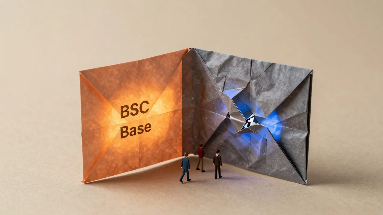 Paper wallet with active chains glowing on one side and broken Polygon zkEVM side crumpled and gray.