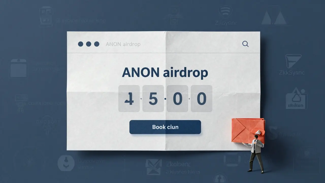 Paper website with fake airdrop timer and nervous figure holding a wallet