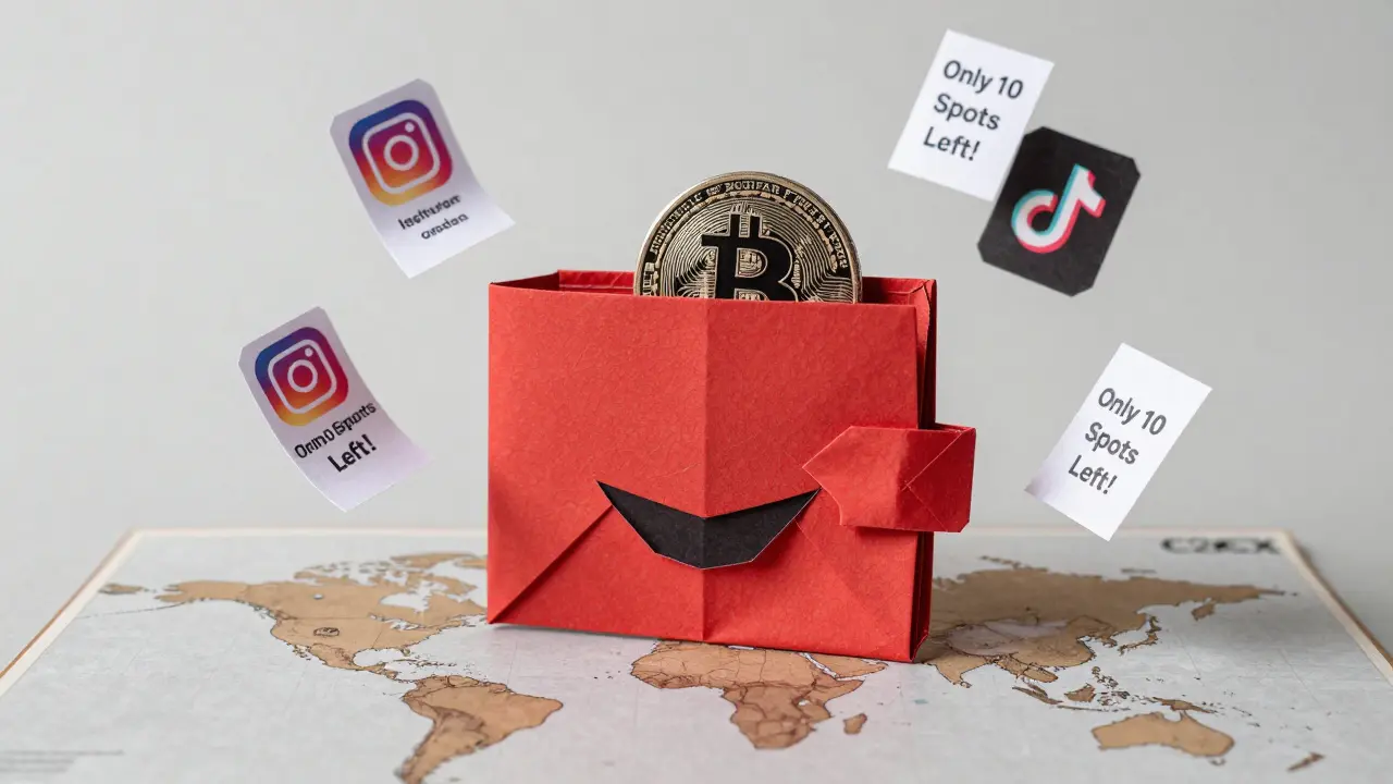 Red origami wallet with fake ads around it, symbolizing crypto scam deception.