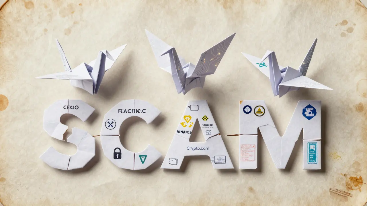 Shattered 'SCAM' puzzle made of origami, with trusted exchanges rising above as cranes.