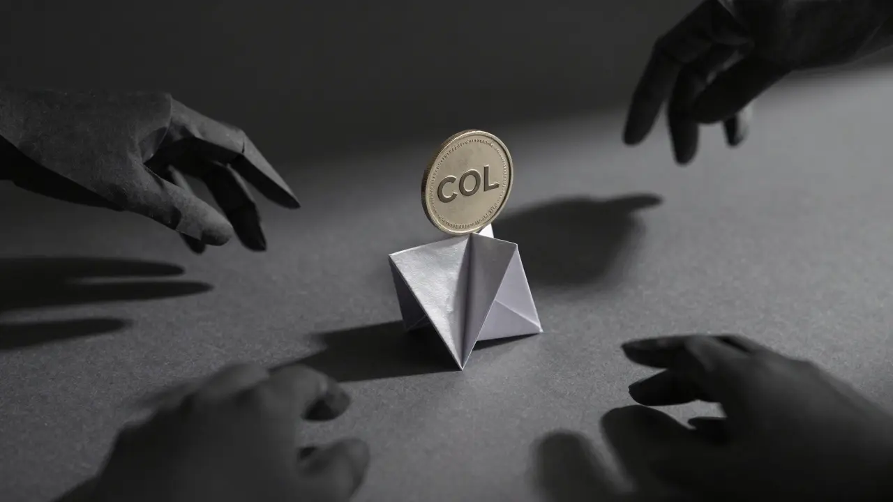 Silver Solana node with tiny COL token, shadowy hands reaching