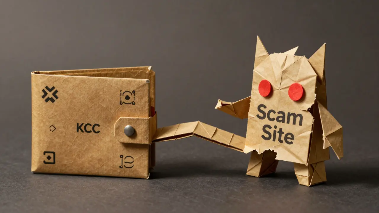 Split origami scene: secure wallet vs. scam monster, connected by a fraying paper bridge.