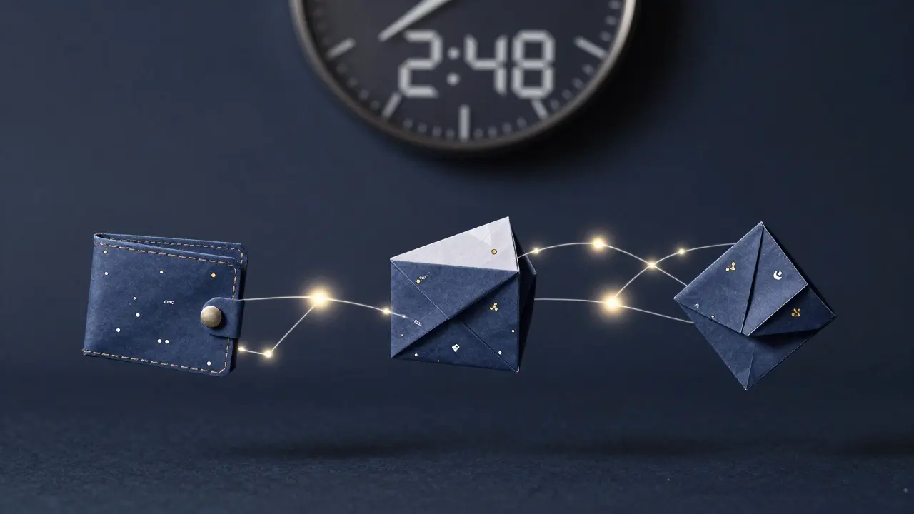 Three folded wallets connected by glowing threads, with a snapshot clock above.