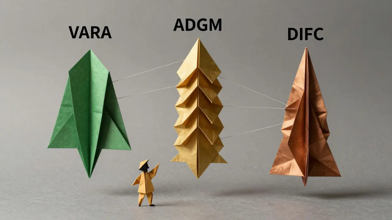 Three layered origami regulators: VARA, ADGM, and DIFC, connected by paper threads