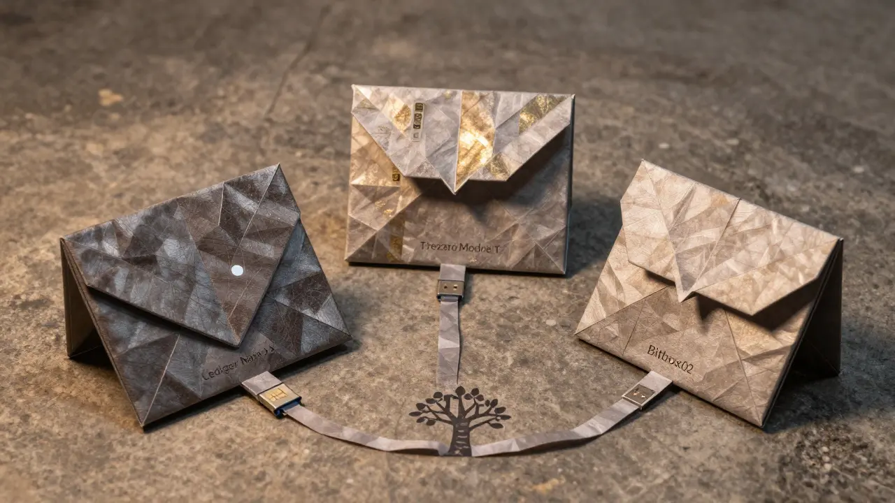 Three origami crypto wallets arranged in triangle, each with unique folded details.