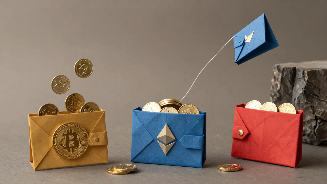 Three origami wallets in different colors, one dumping coins, one hoarding, one dangling over a cliff.