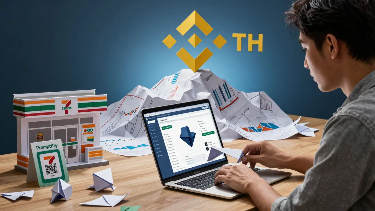 User folding a paper laptop into trading tabs, with discarded 7-Eleven and PromptPay symbols nearby.