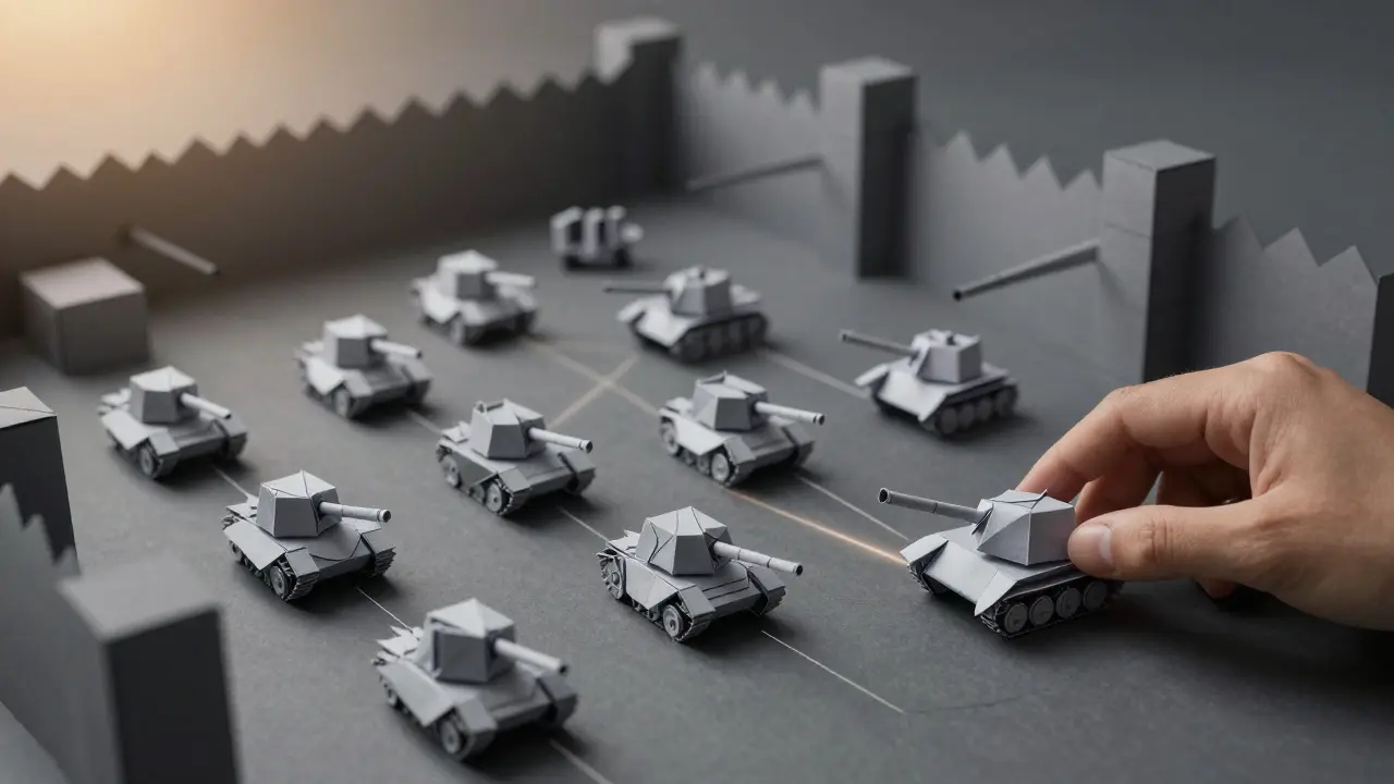 A battlefield of origami tanks and paper fortresses glows softly under dawn light, symbolizing strategic gameplay.