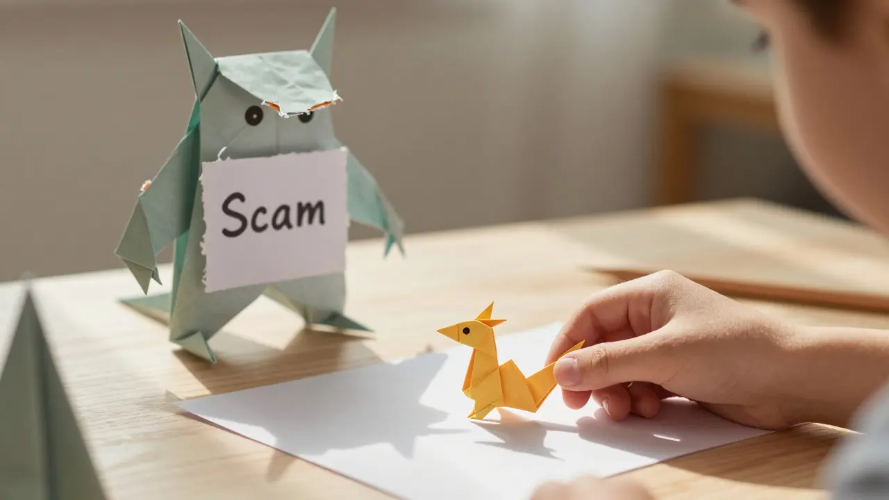A beginner placing a paper NFT on a marketplace while a collapsing origami scam looms nearby.