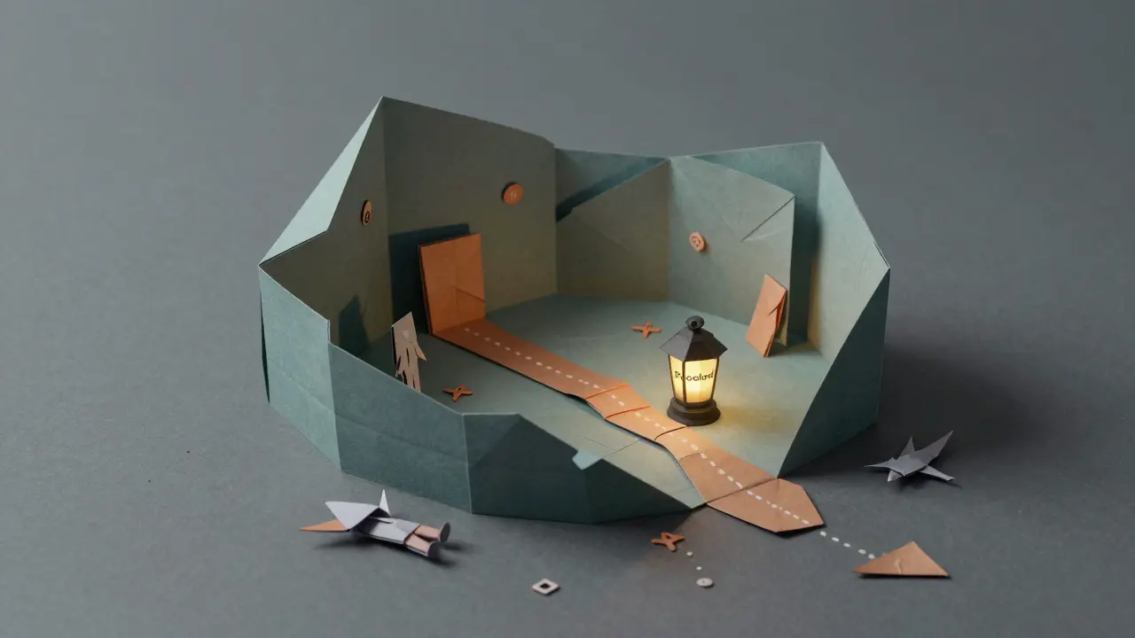 A collapsed paper game engine with scattered NFT sculptures, dim light, and fading POCO symbols dissolving into dust.