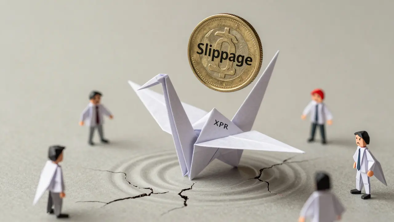 A delicate paper crane above a cracked liquidity pool, symbolizing slippage risk in crypto trading.