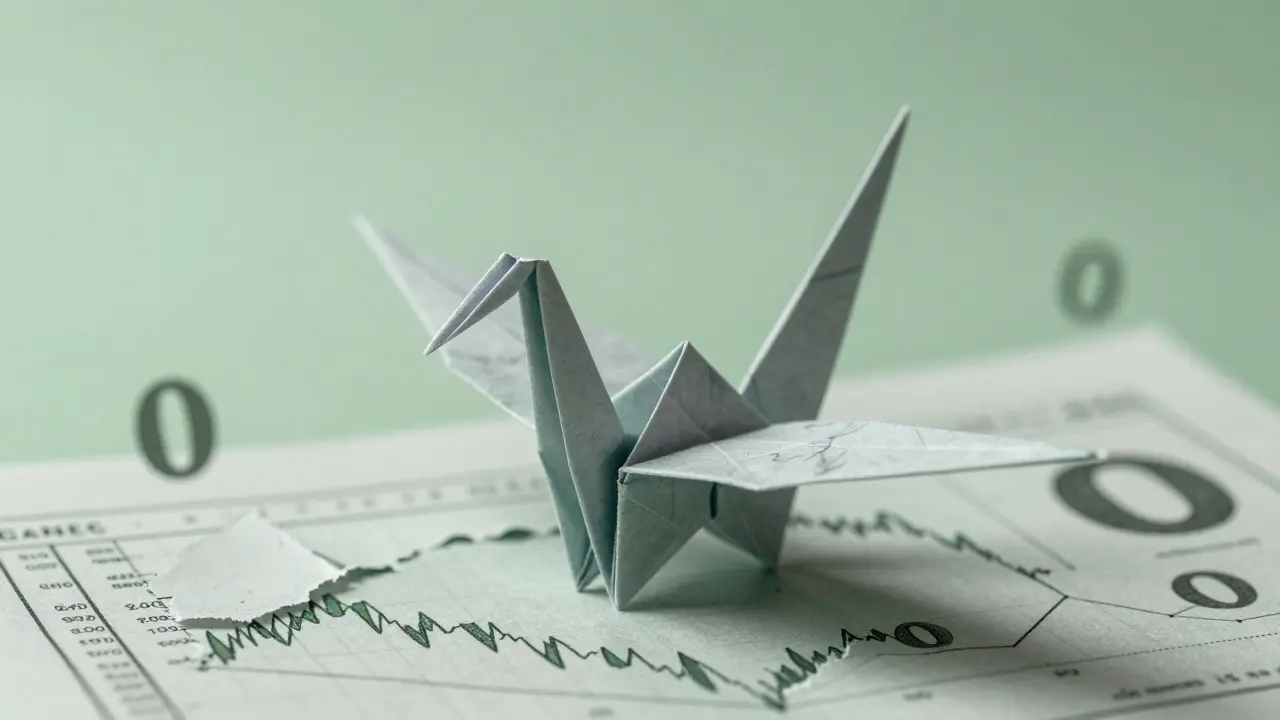 A fragile origami crane made from financial charts, hovering above floating zeros.