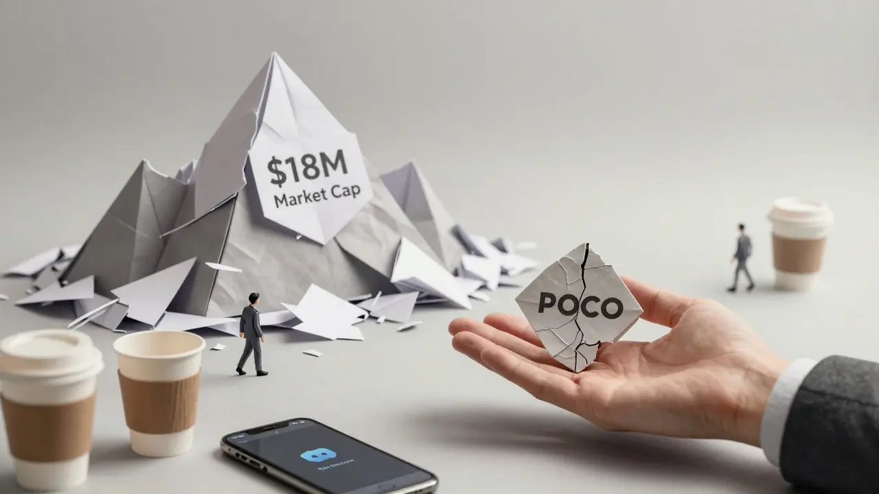 A lone investor holding a cracked POCO token as a massive market cap mountain crumbles behind them.