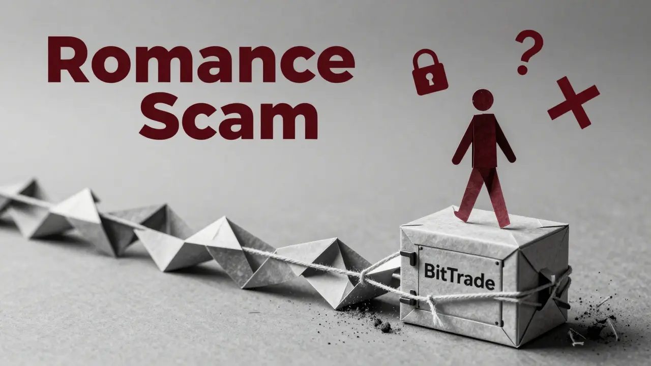 A paper chain from a romance scam leading to a sealed vault, with a frozen figure and warning symbols.