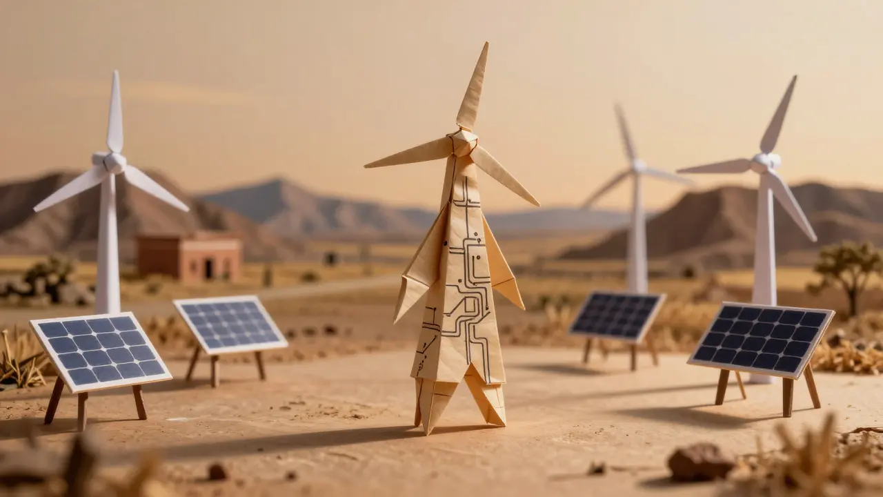 A single origami ASIC miner in Texas surrounded by wind turbines and solar panels under a dusk sky.