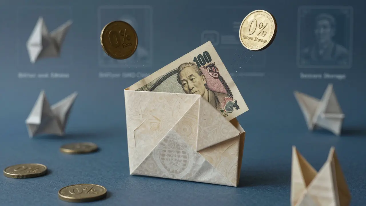 A torn origami wallet with disintegrating '0% Fees' coins, surrounded by intact licensed exchange models.