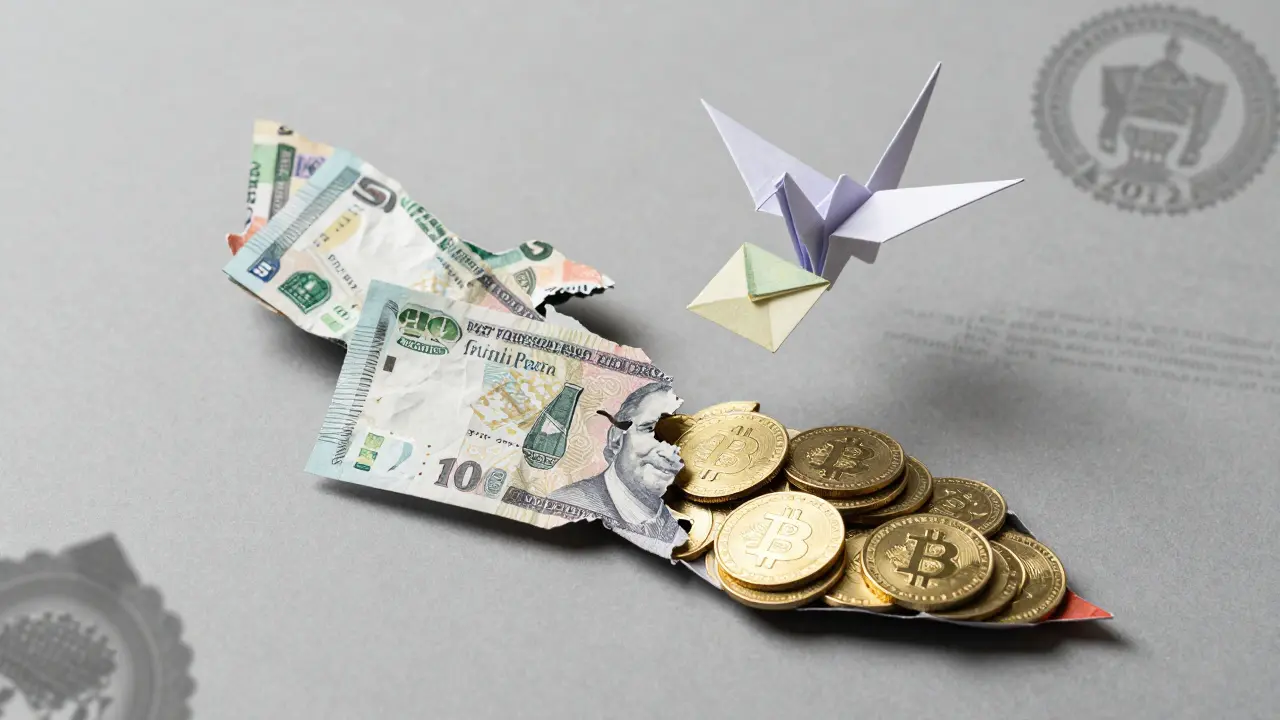 A torn paper map of Nepal shows banknotes on one side and digital coins on the other, with a crane flying between them.