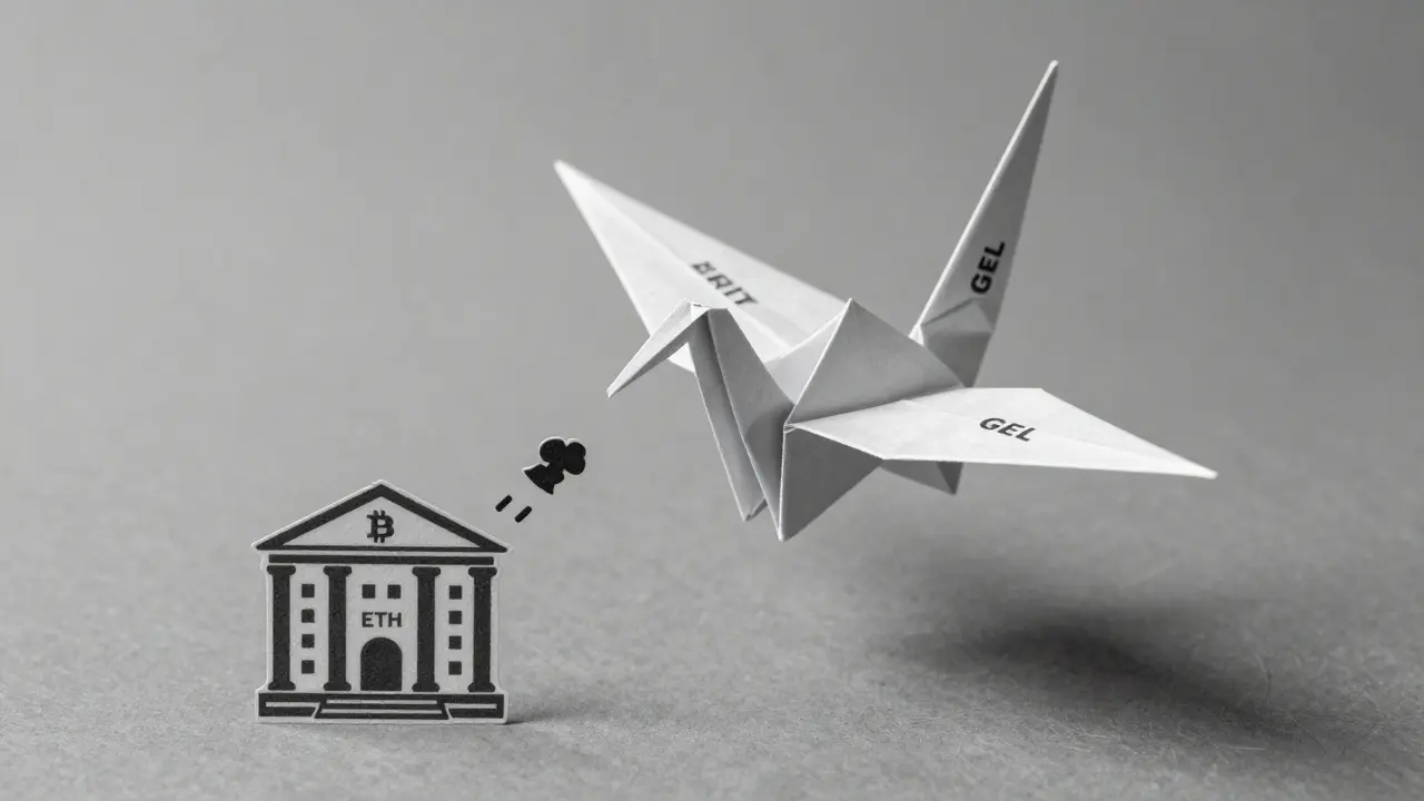 An origami crane with crypto coin labels, receiving a bank transfer from a Georgian bank.