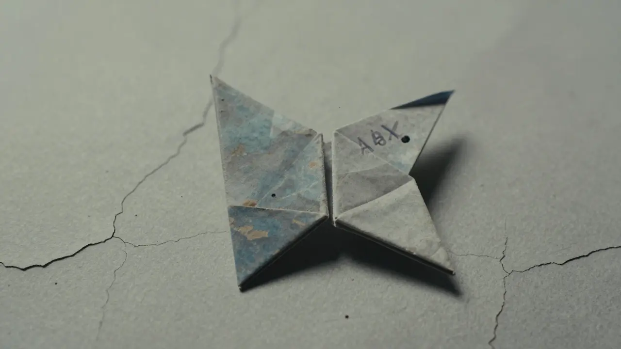 Faded origami token on cracked surface with dust particles