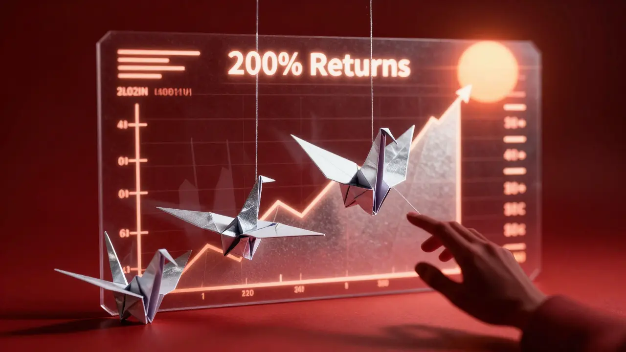 Fake profit dashboard made of paper cranes being pulled by a shadowy hand.