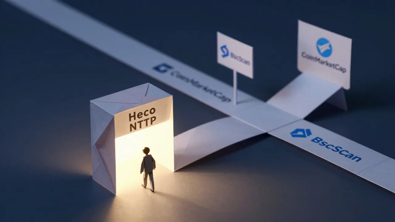 Figure walking away from fake airdrop portal toward verified project paper bridges.