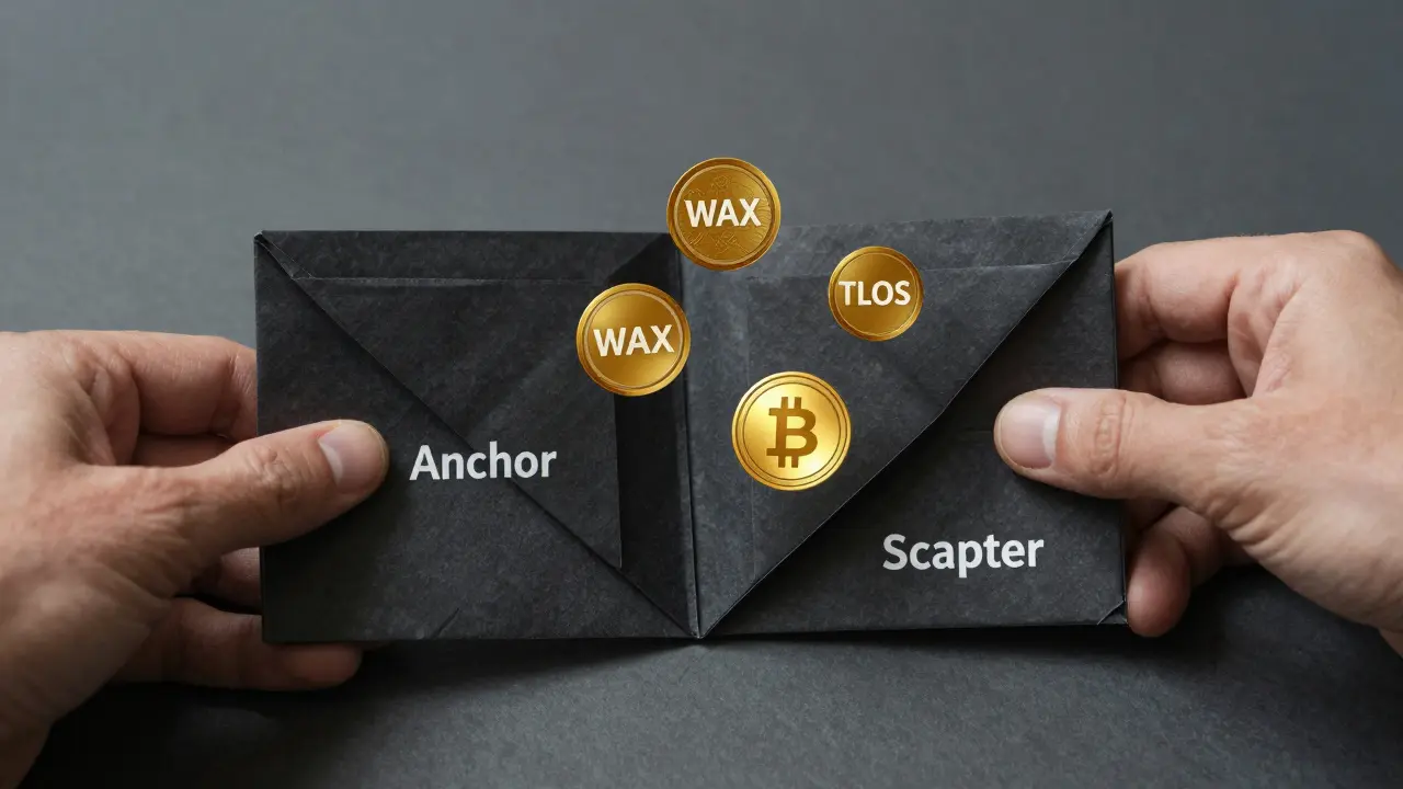 Folded paper wallets exchanging crypto tokens directly, with no intermediaries, in a minimalist origami style.