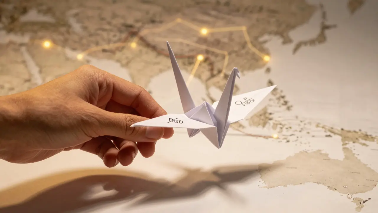 Hand unfolding a paper crane made of BGB tokens, with glowing pathways across Asia.