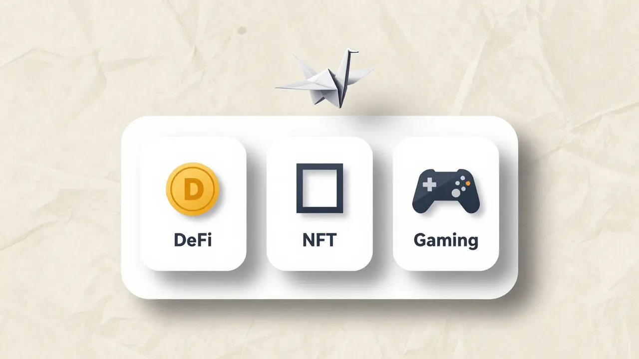 Layered origami folds representing DeFi, NFT, and Gaming dApp categories on a parchment background.