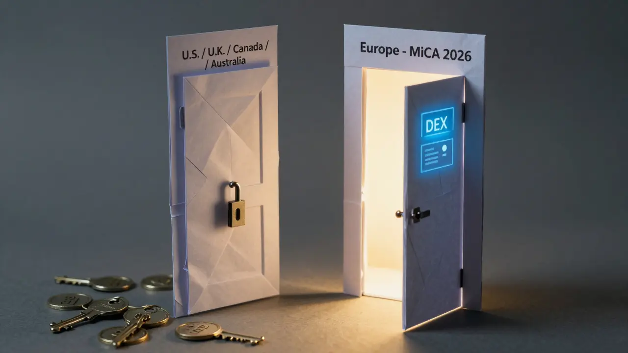 Locked door made of paper blocks access to U.S. users, while another opens to Europe's MiCA future.
