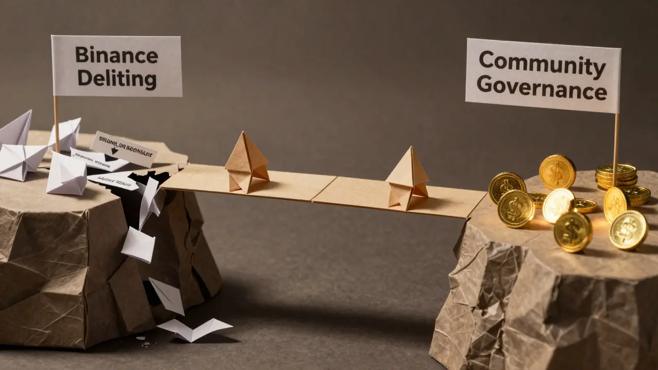 Origami bridge of BSW tokens connecting delisting and governance cliffs, one side collapsing into scams.