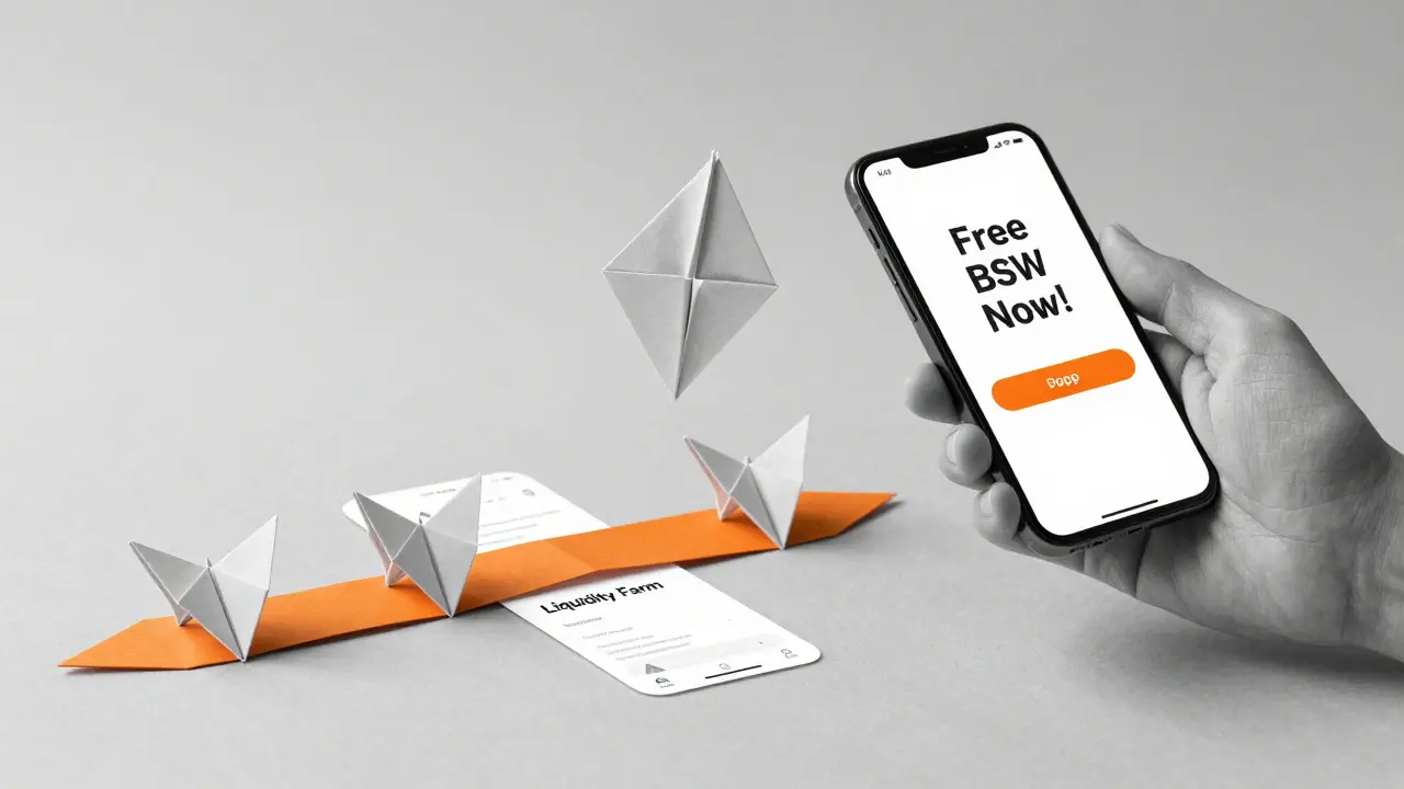 Origami BSW token above a phone showing a scam pop-up, with a safe path leading to a liquidity farm interface.