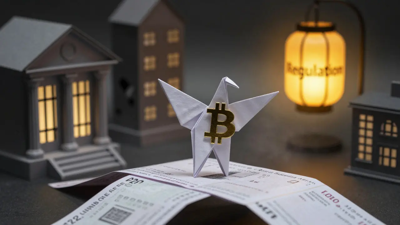 Origami figure crossing a bridge of transaction receipts toward a regulation lantern, while banks crumble behind.