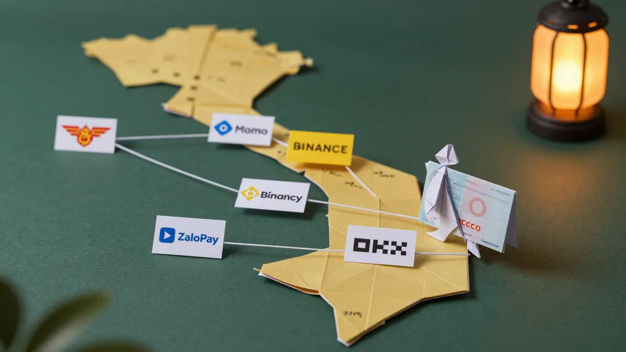 Origami map of Vietnam connecting e-wallets to global crypto exchanges via paper threads
