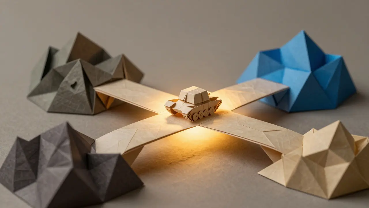 Origami paper pathways connect three blockchain landscapes as a tank NFT travels across a cross-chain bridge.