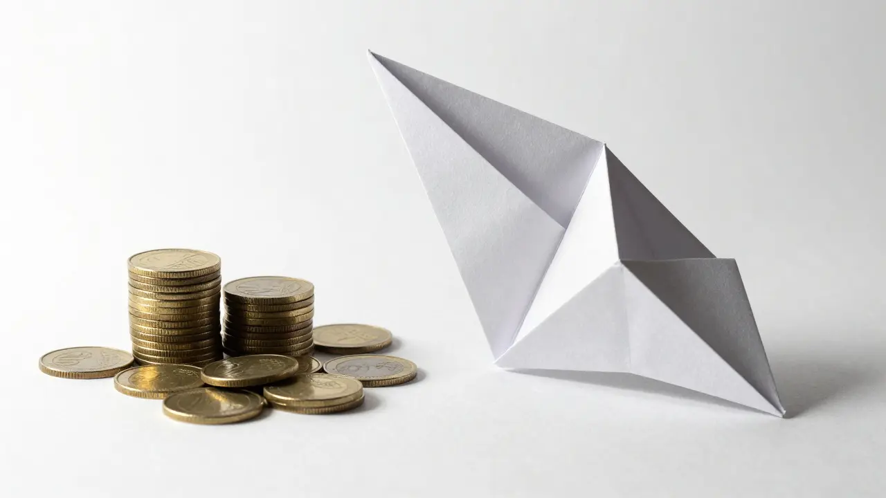 Origami scale tilted heavily with stacked coins on one side.