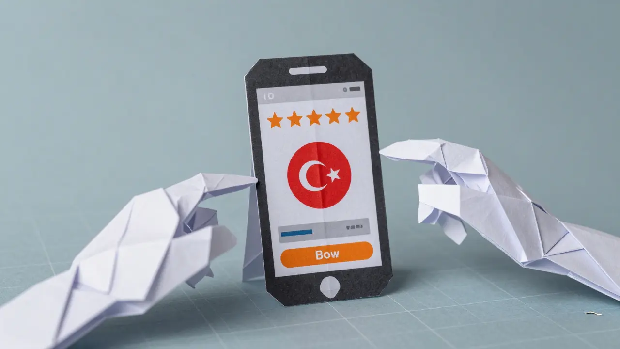 Origami smartphone showing a zero-star rating, surrounded by unreachable hands.