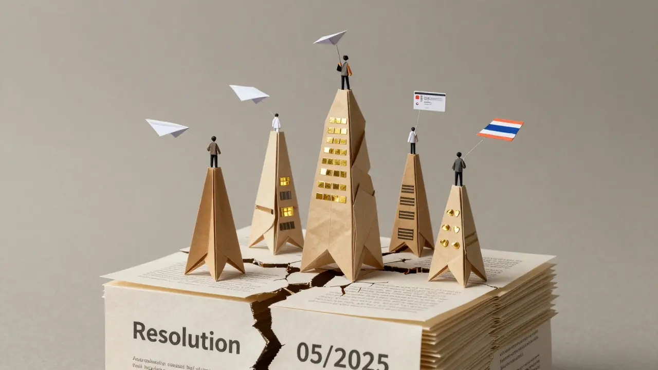 Origami structure of Vietnam's crypto regulation with five exchange towers and traders using paper airplanes