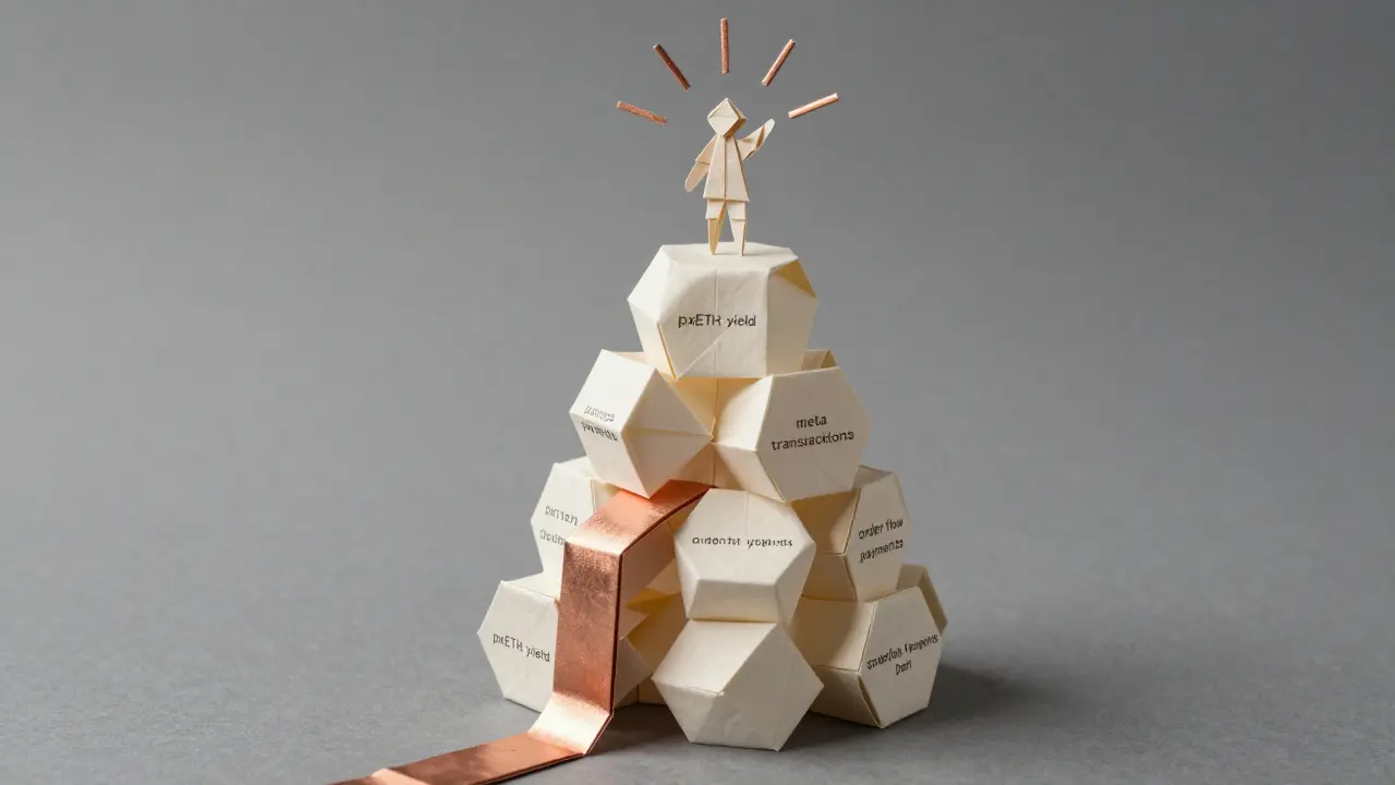 Origami tower of Dinero.xyz with hexagonal layers showing DeFi yield functions.