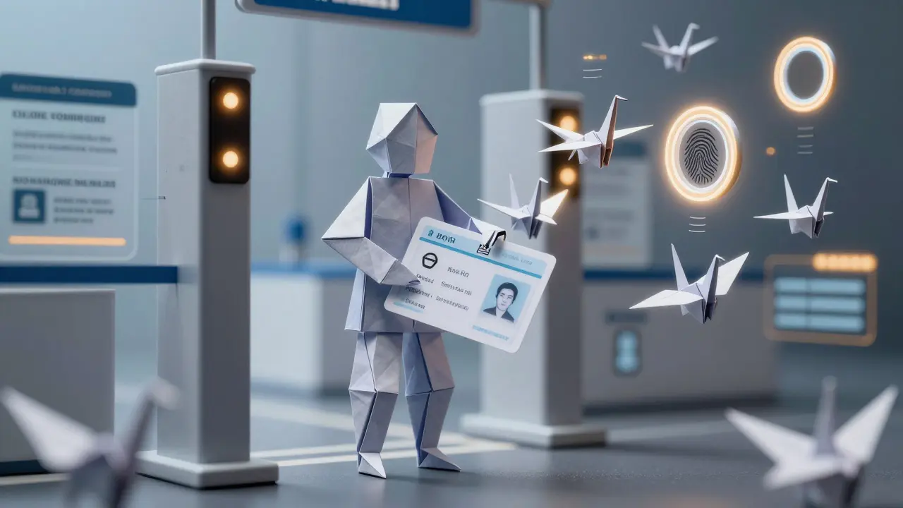 Paper figure passing through biometric sensors, ID turning into cranes as verification occurs.