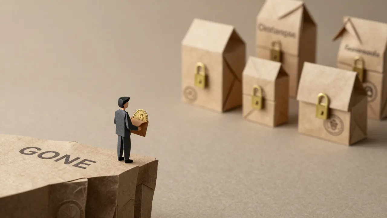 Person at edge of cliff with paper wallet, while legitimate exchanges stand safely behind.