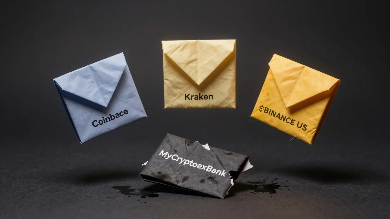 Three glowing origami wallets for trusted exchanges beside a discarded, crumpled one labeled MyCryptoexBank.