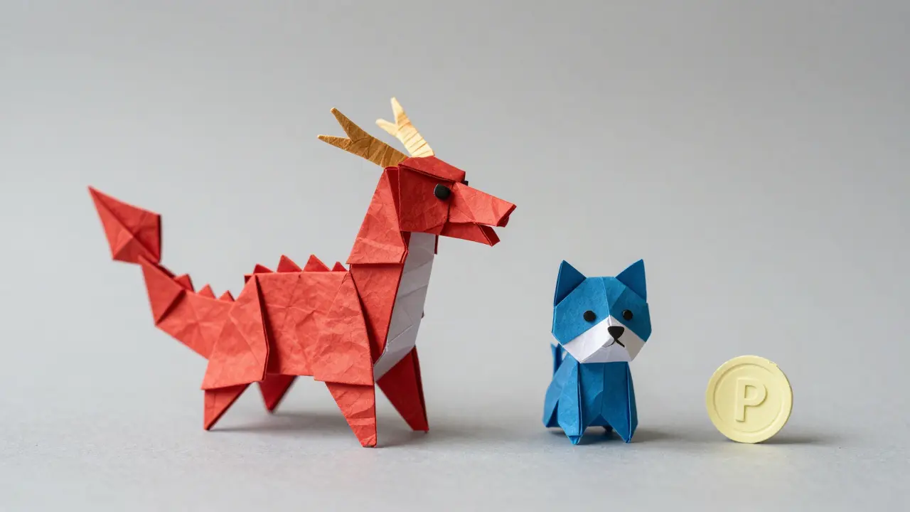 Three origami animals showing market cap disparity: dragon, shiba, tiny token.