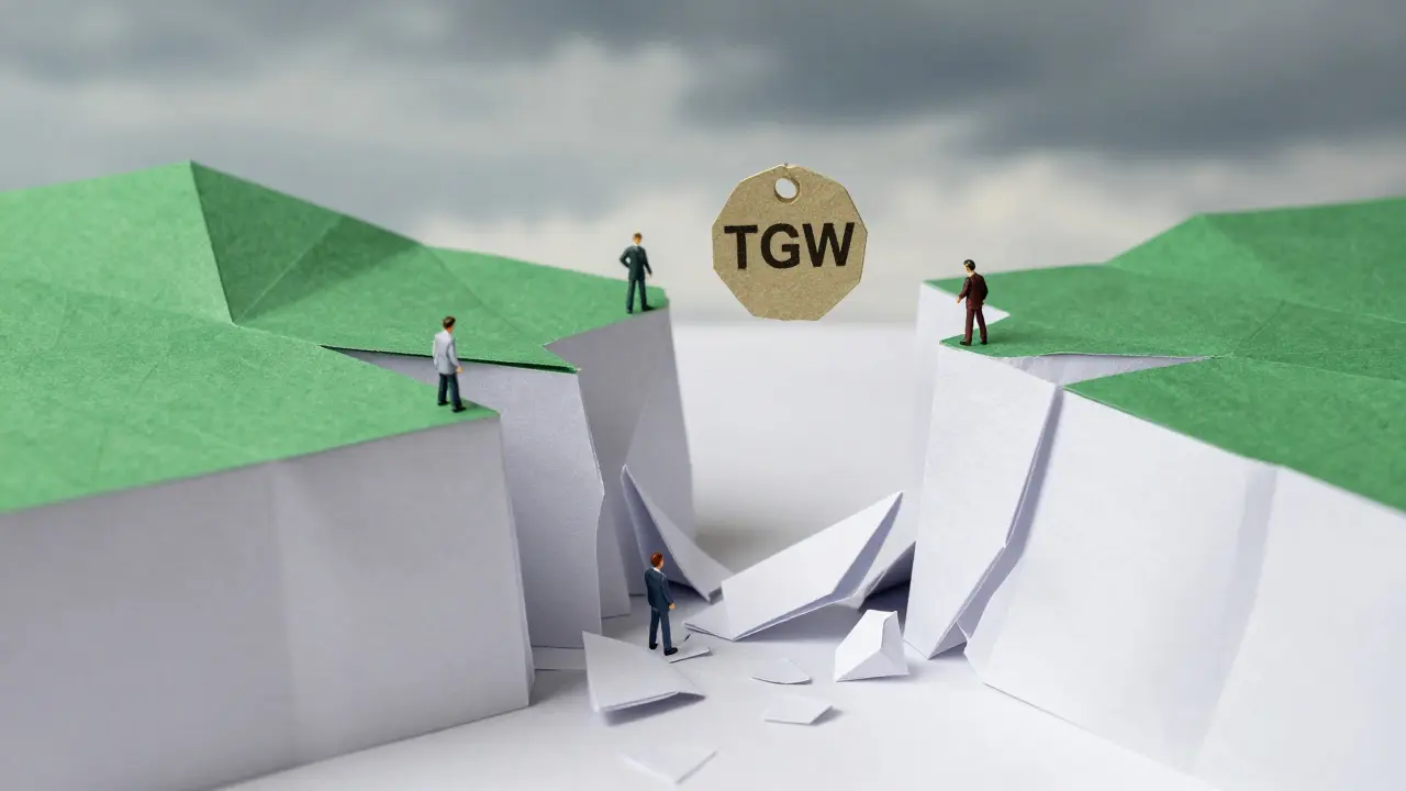 Tiny figures cling to a token as a folded green landscape collapses into empty paper cliffs.