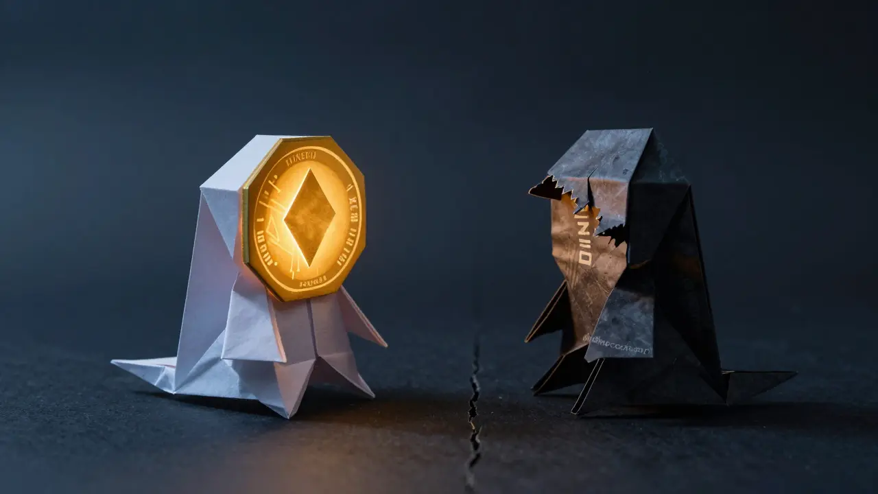 Two contrasting origami tokens: DINERO and DIN, representing DeFi vs speculative mining.