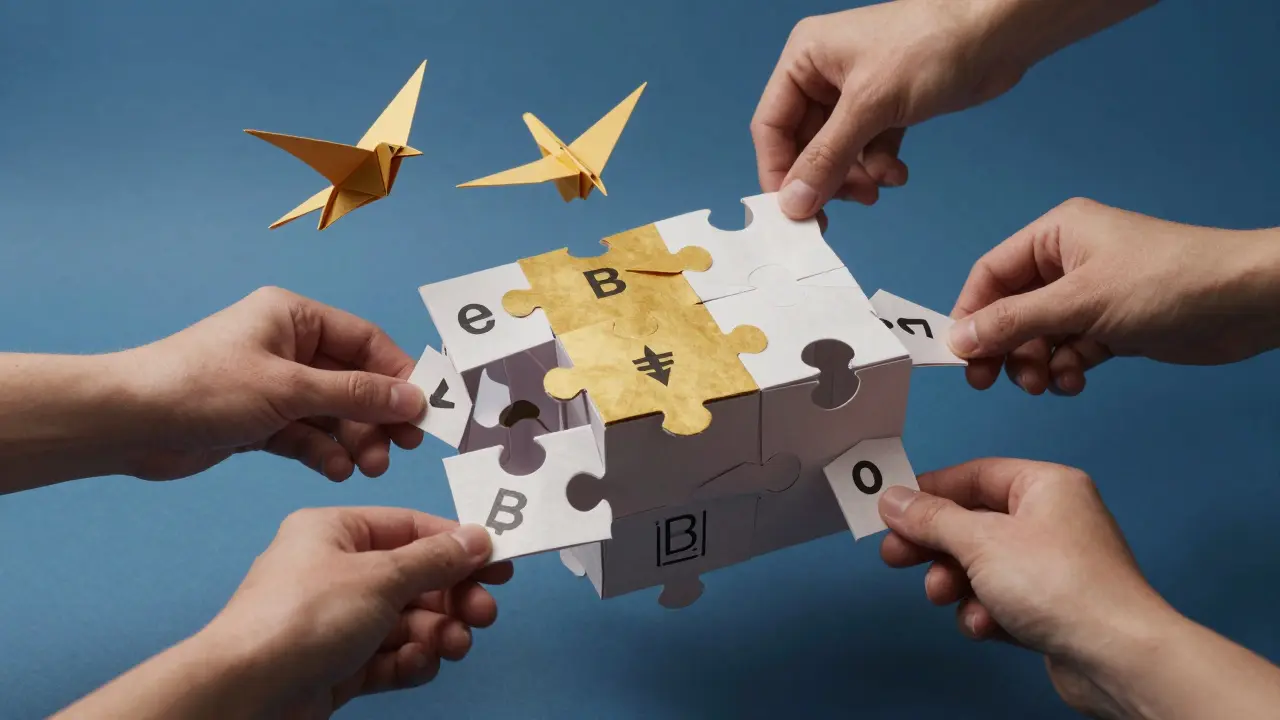 A batch of folded trade intents being assembled into a unified puzzle structure.