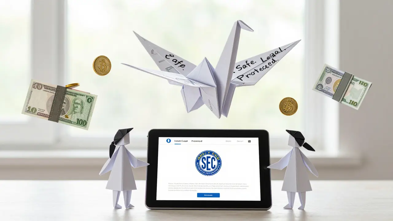 A Filipino family using a licensed crypto platform as a protective origami crane soars above.