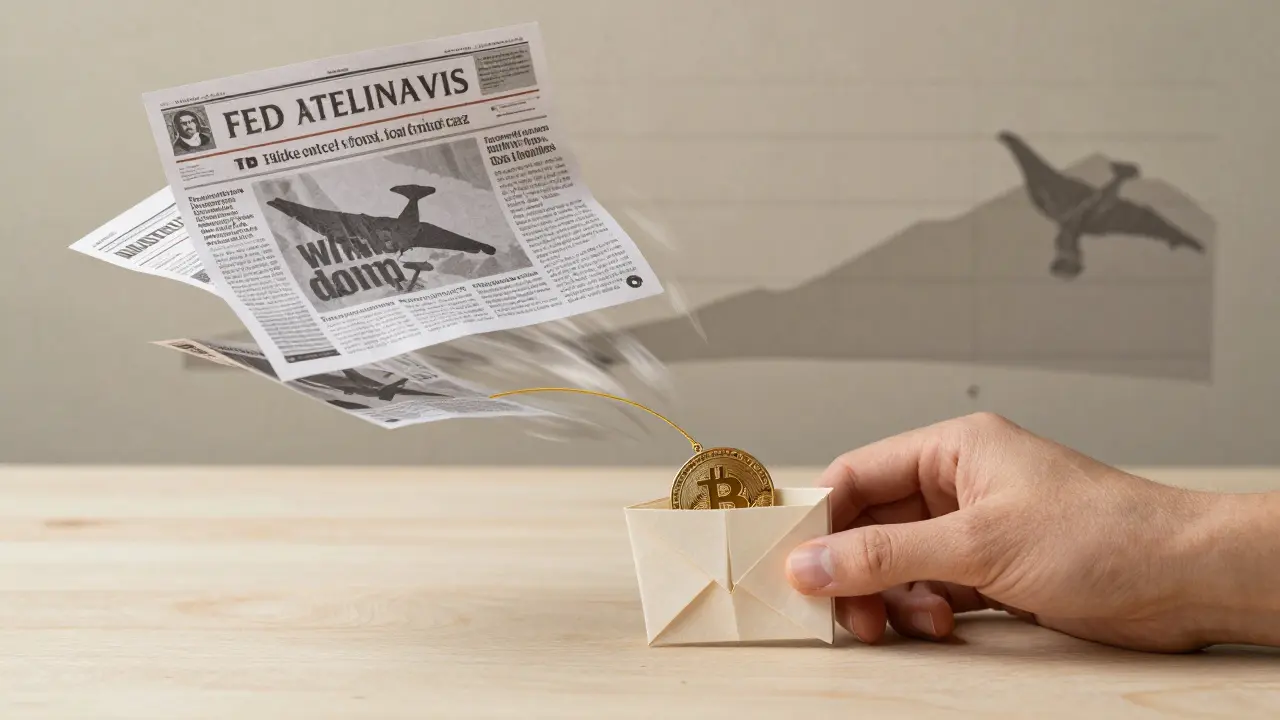 A folded Bitcoin in a paper wallet, tethered by a golden thread as stormy paper headlines swirl around it.