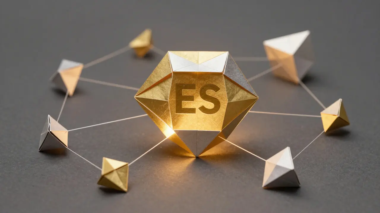 A folded paper coin connected to a network of nodes.
